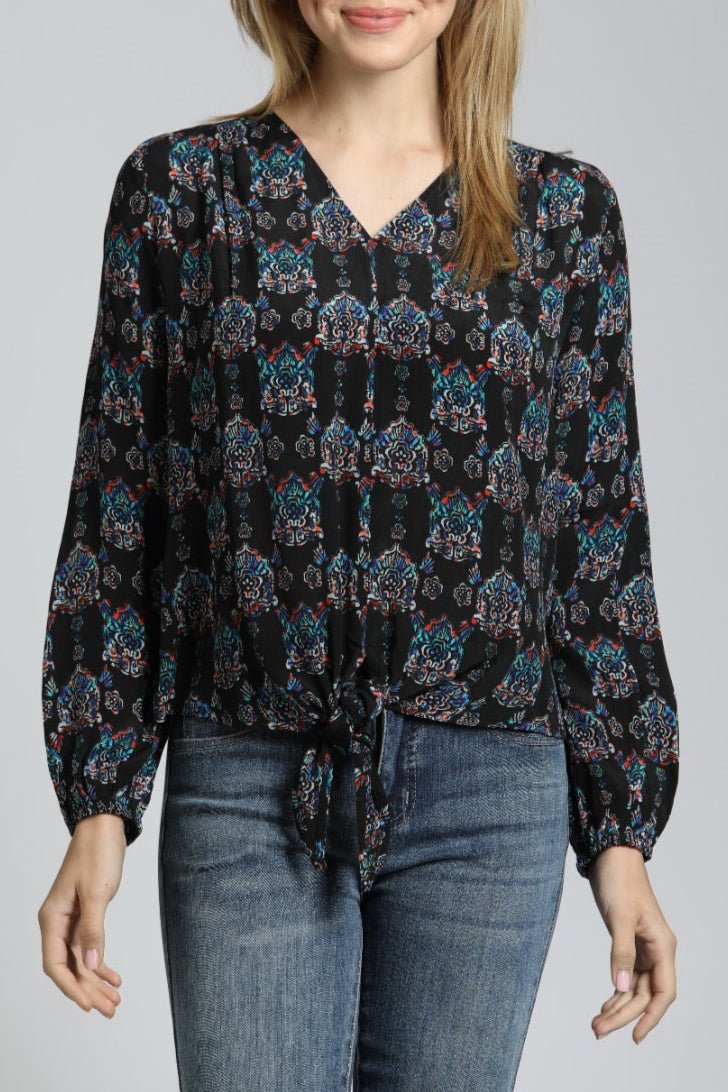 V Neck Front Tie Top with Ornamental Medallion Print | front side