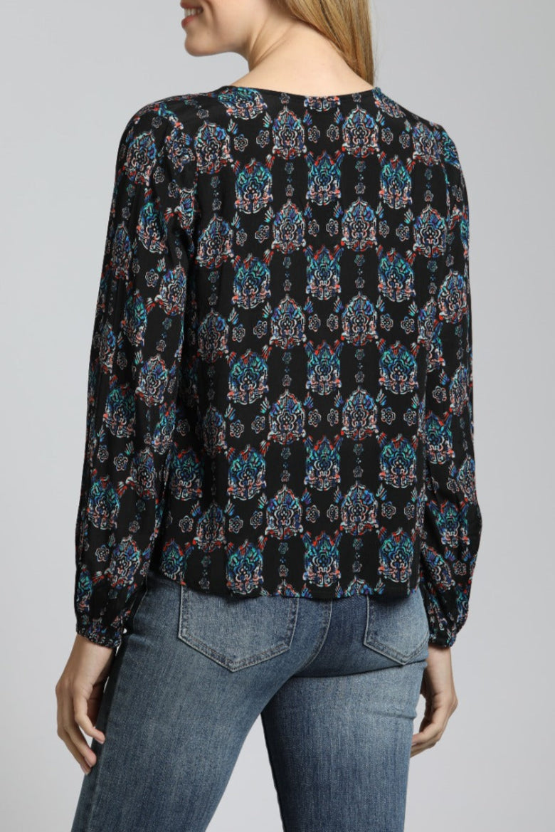 V Neck Front Tie Top with Ornamental Medallion Print | back side