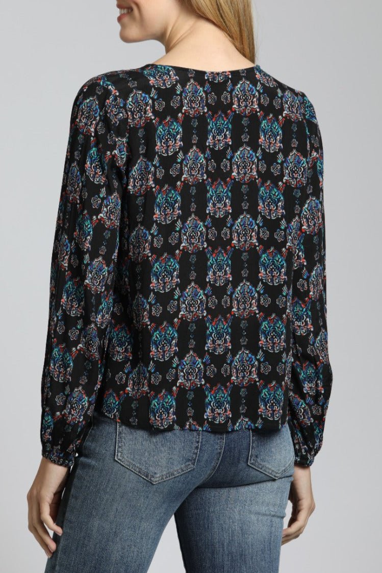 V Neck Front Tie Top with Ornamental Medallion Print | back side