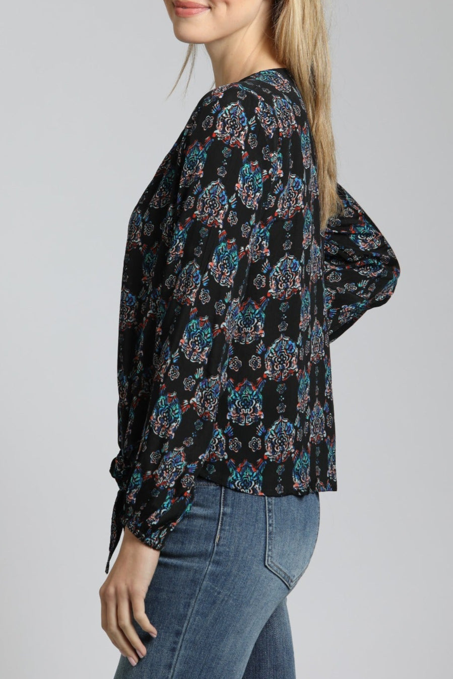 V Neck Front Tie Top with Ornamental Medallion Print | left side