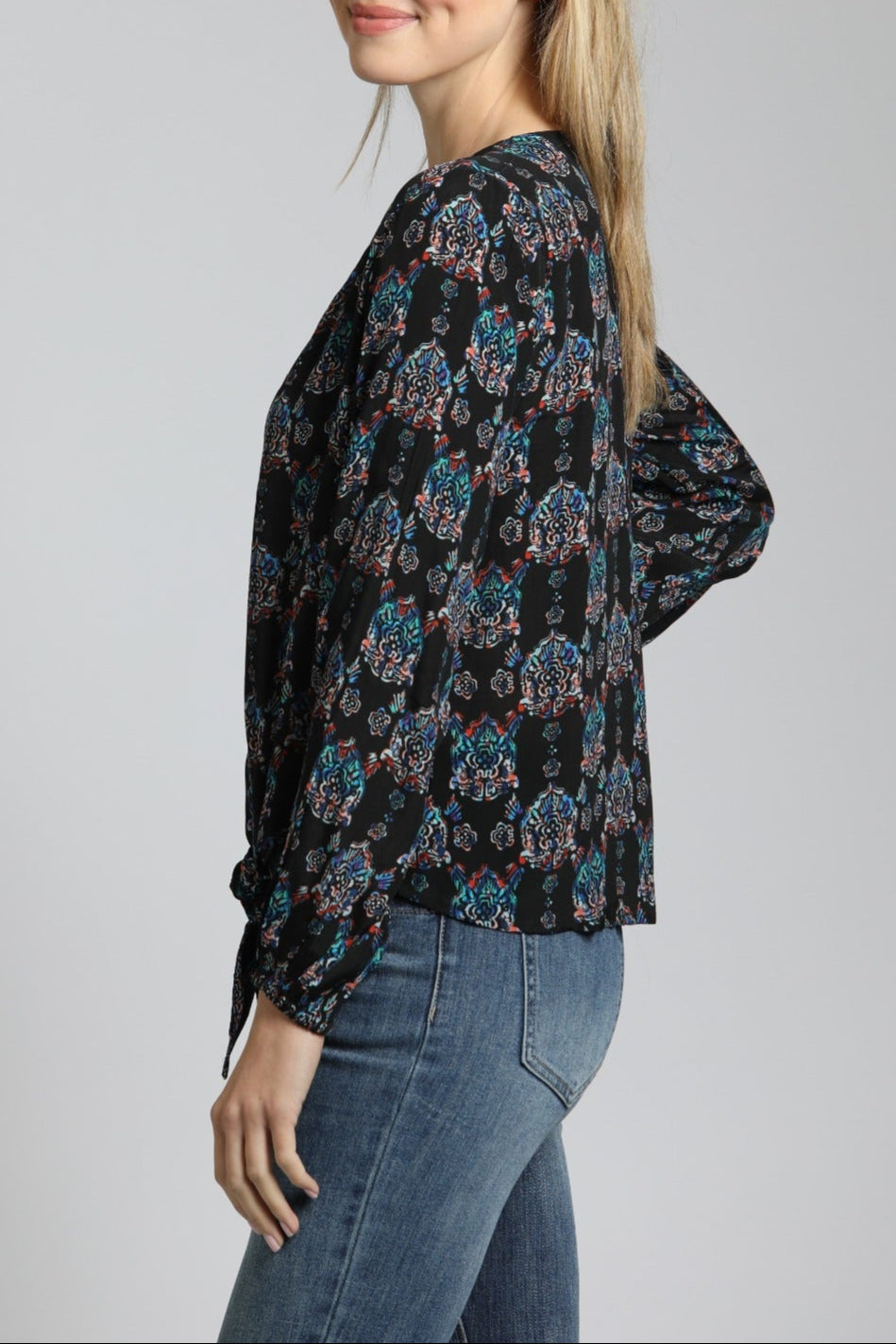 V Neck Front Tie Top with Ornamental Medallion Print | left side