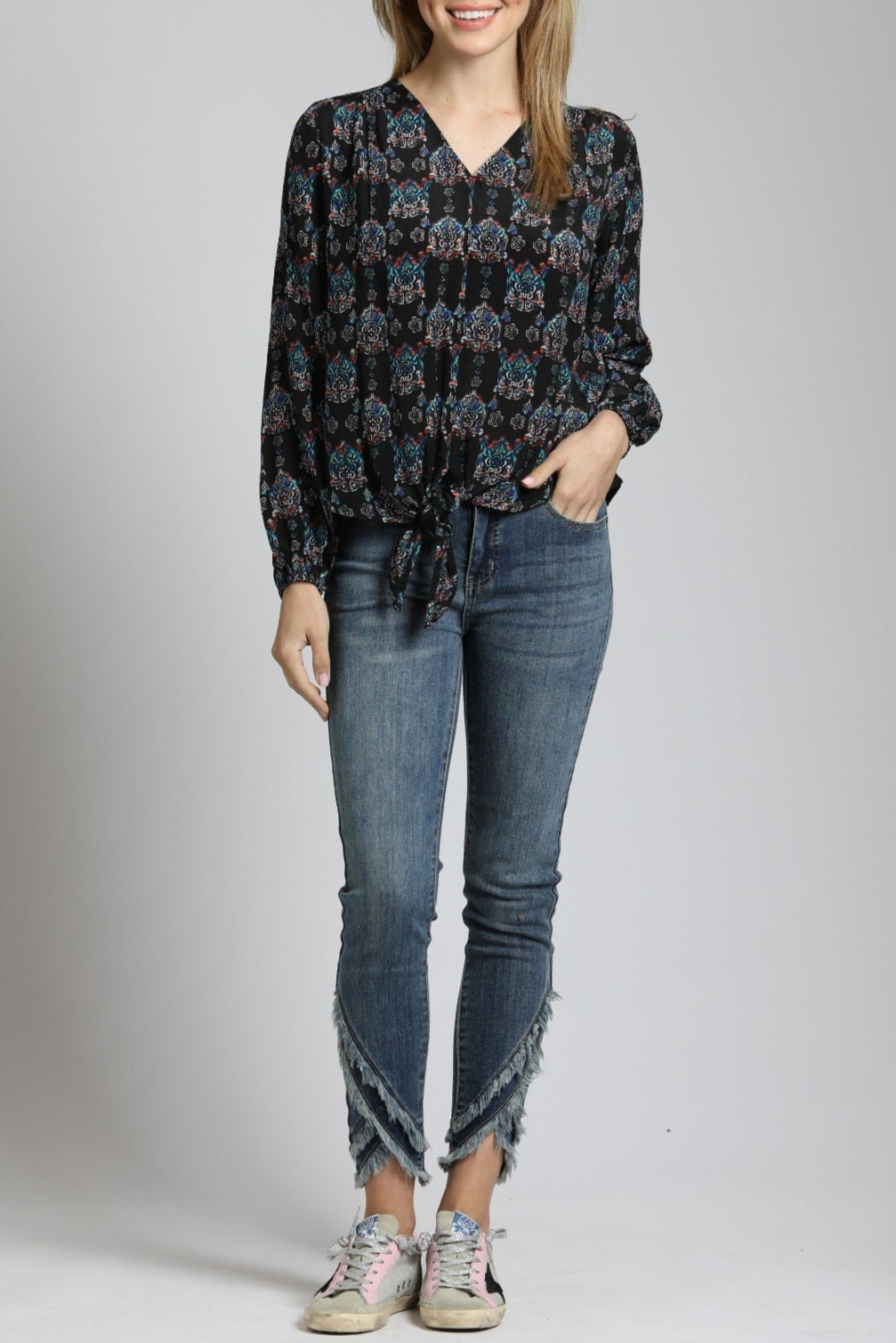 V Neck Front Tie Top with Ornamental Medallion Print |
 front side