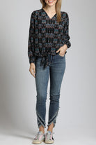 V Neck Front Tie Top with Ornamental Medallion Print |
 front side