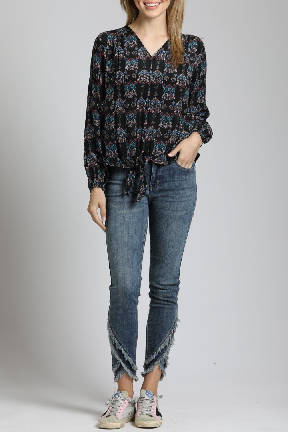 V Neck Front Tie Top with Ornamental Medallion Print |
front side