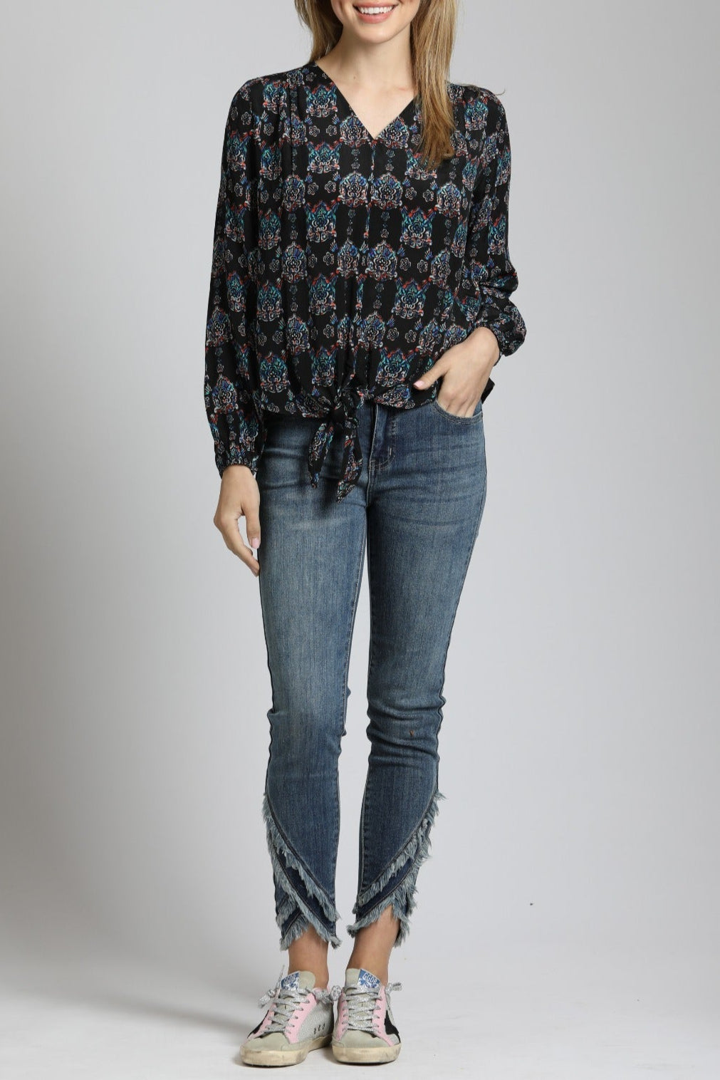 V Neck Front Tie Top with Ornamental Medallion Print |
front side