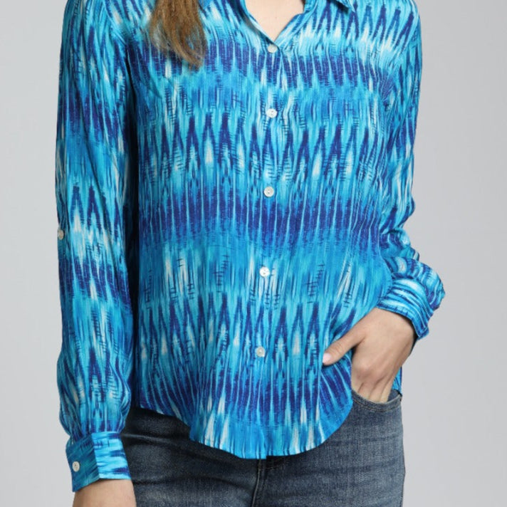 AZURE IKAT STRIPE Button-up Top | Front side