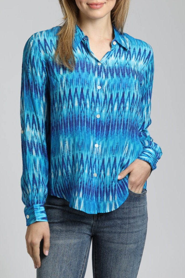 AZURE IKAT STRIPE Button-up Top | Front side