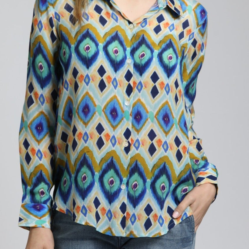 Colorful Geometric Stripe Button Up Top | front side