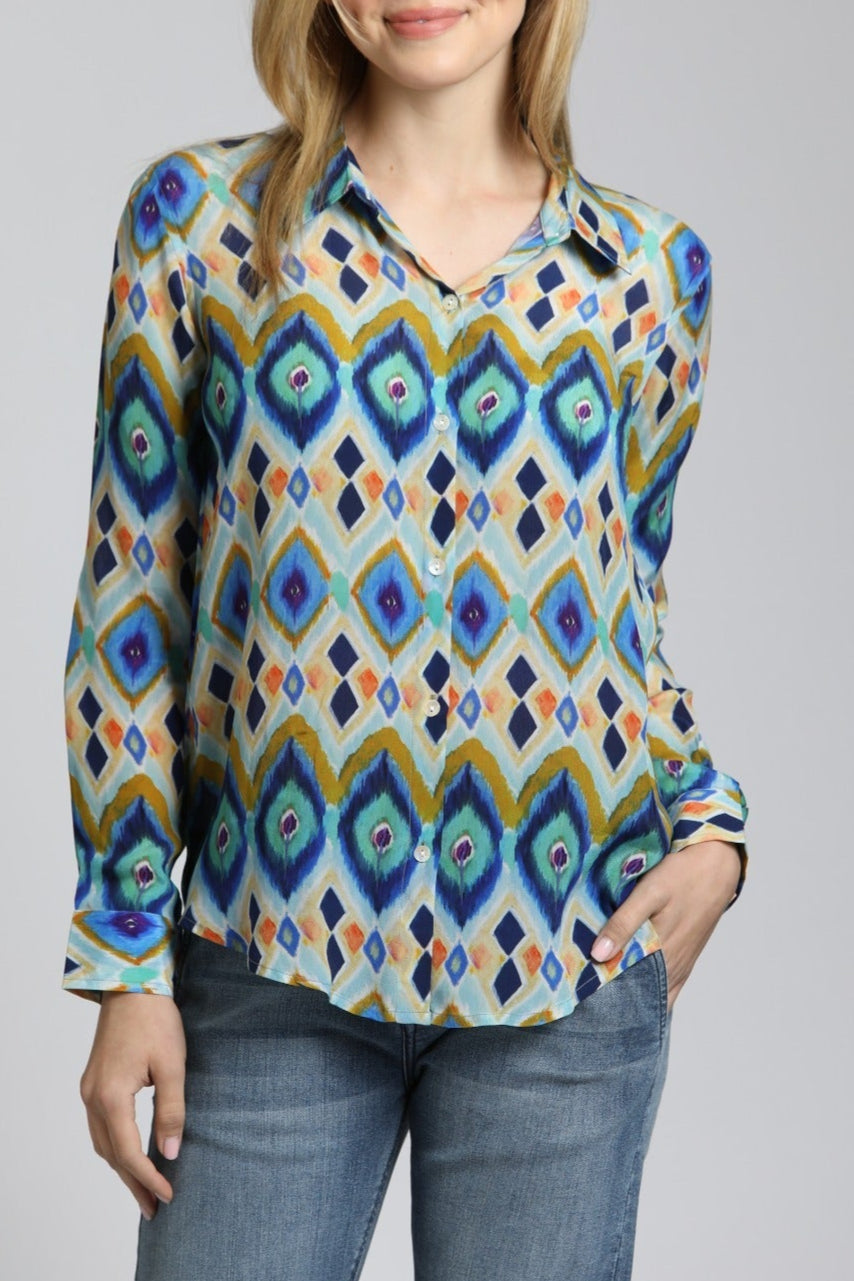 Colorful Geometric Stripe Button Up Top | front side