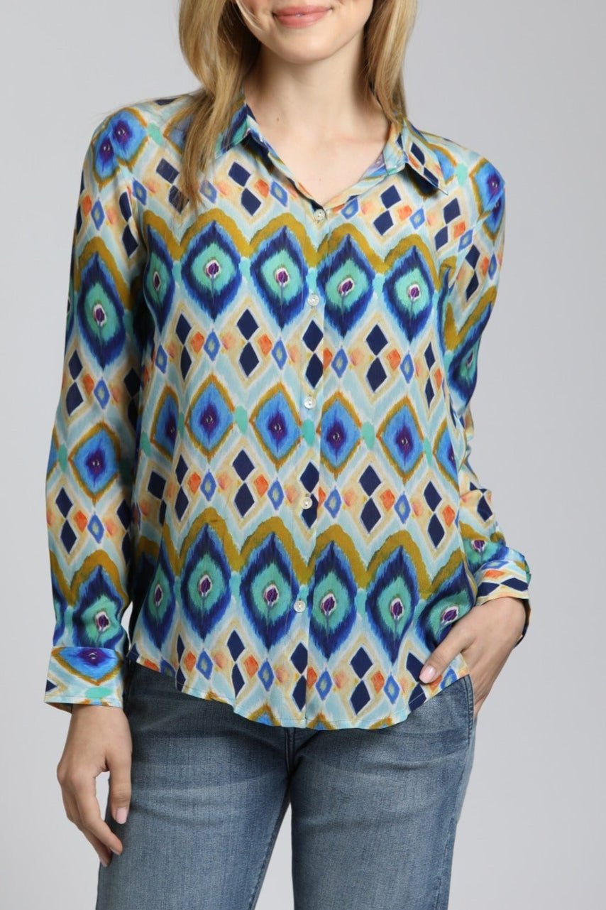 Colorful Geometric Stripe Button Up Top | front side