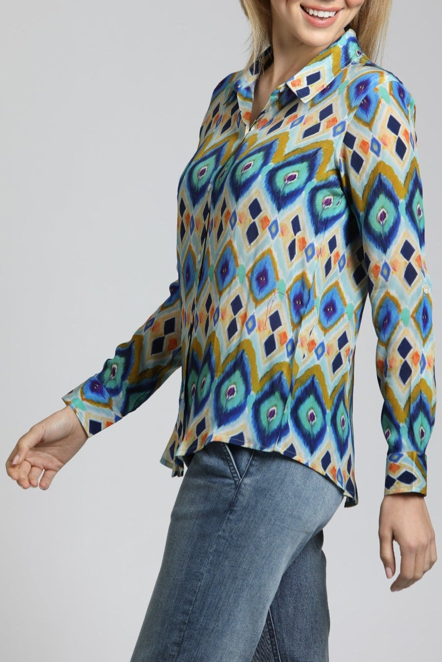 Colorful Geometric Stripe Button Up Top | left side
