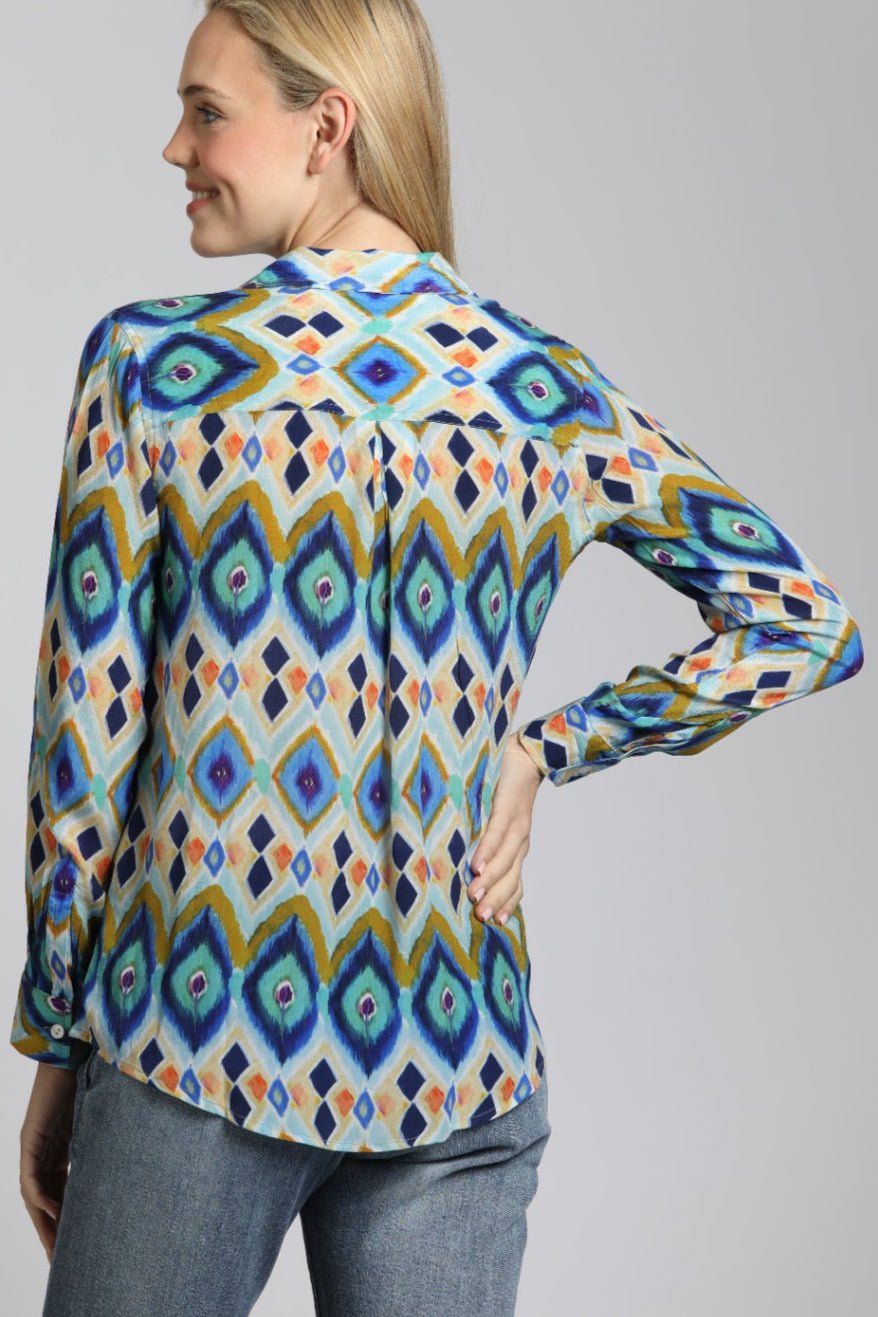 Colorful Geometric Stripe Button Up Top | back side