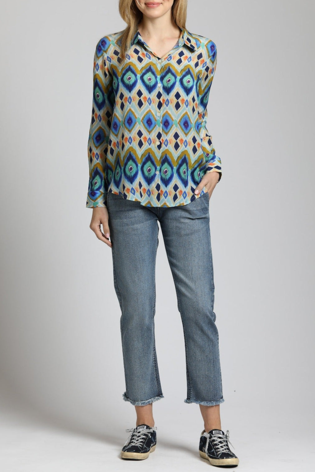 Colorful Geometric Stripe Button Up Top | front side
