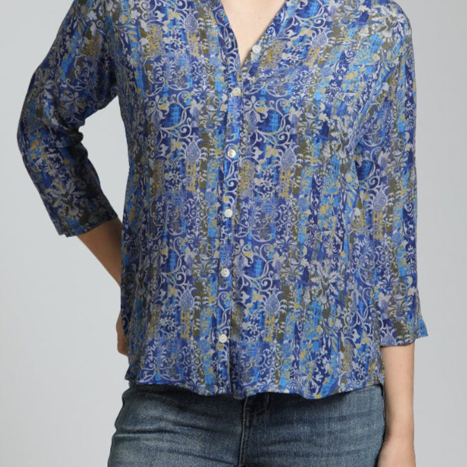 3/4 Sleeve Mandarin Collar Button-up