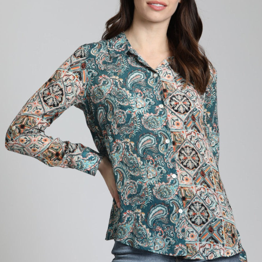 Patchwork Two Tone Paisley With Geo Print - Button Up Top | front side
