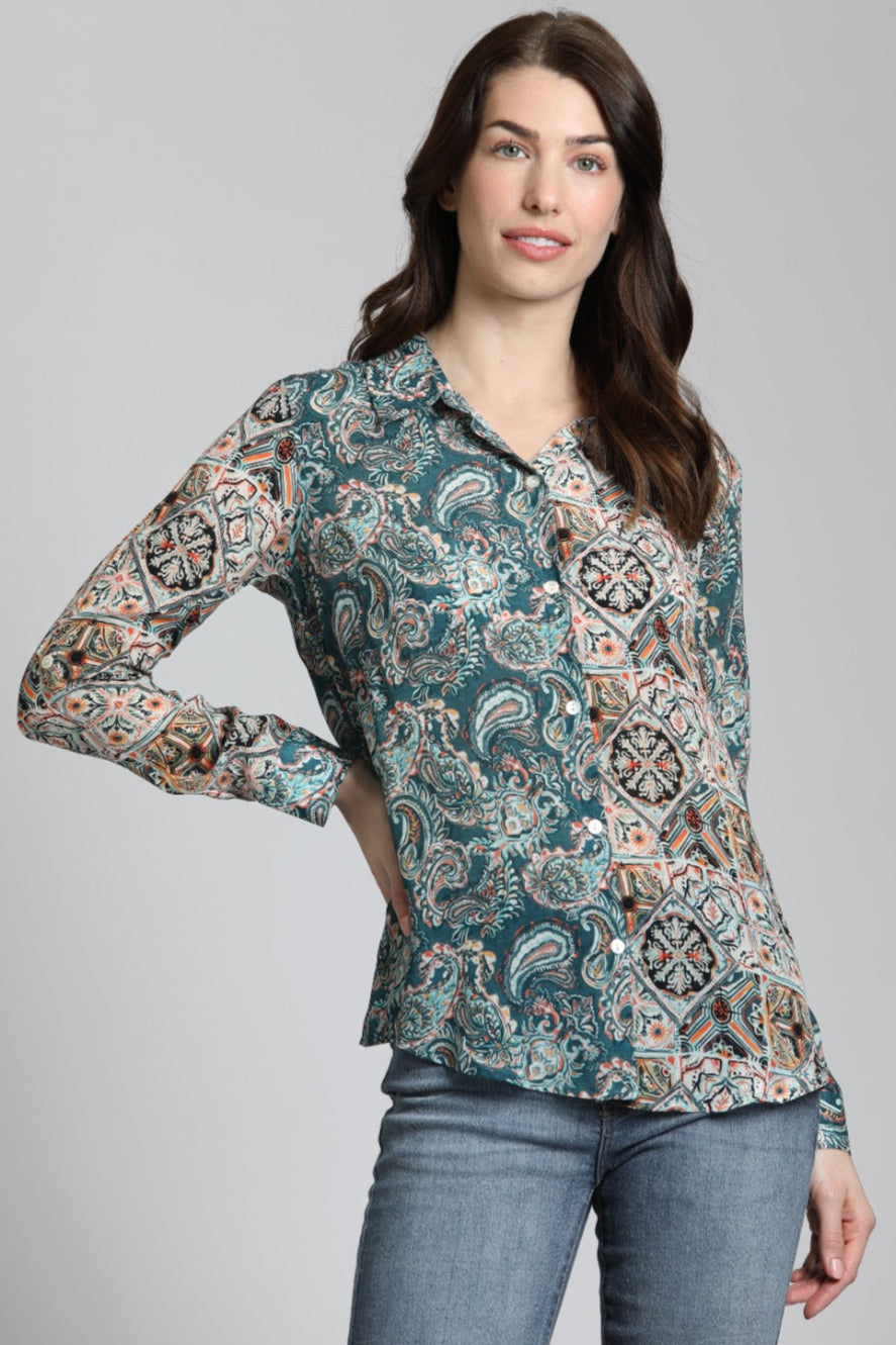 Patchwork Two Tone Paisley With Geo Print - Button Up Top | front side