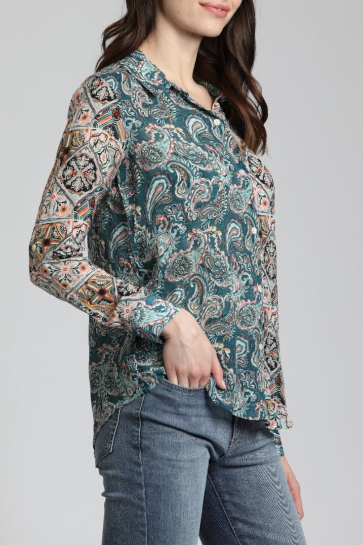 Patchwork Two Tone Paisley With Geo Print - Button Up Top | right side