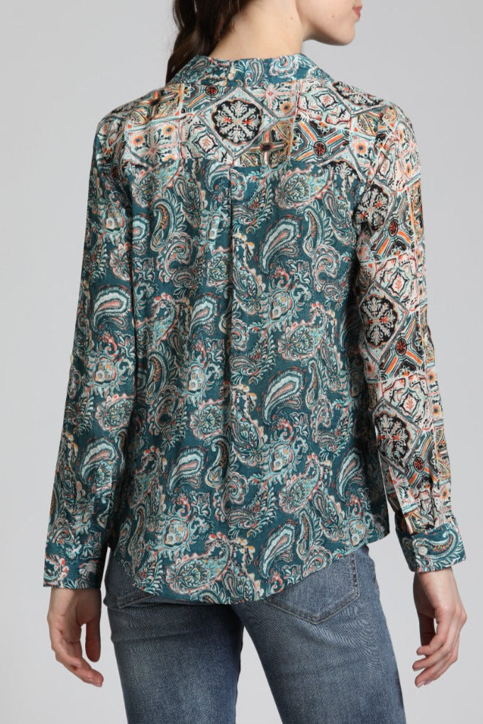 Patchwork Two Tone Paisley With Geo Print - Button Up Top | back side