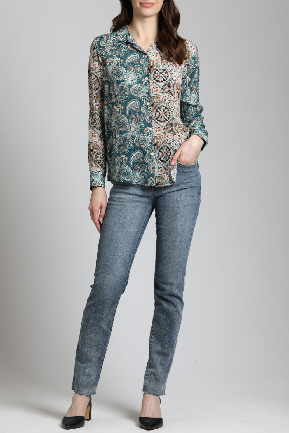 Patchwork Two Tone Paisley With Geo Print - Button Up Top | front side