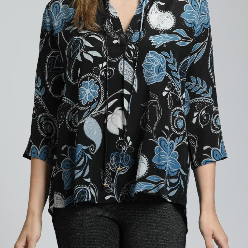 Modern Cerulean Bloom - V Neck With Tassel | front side