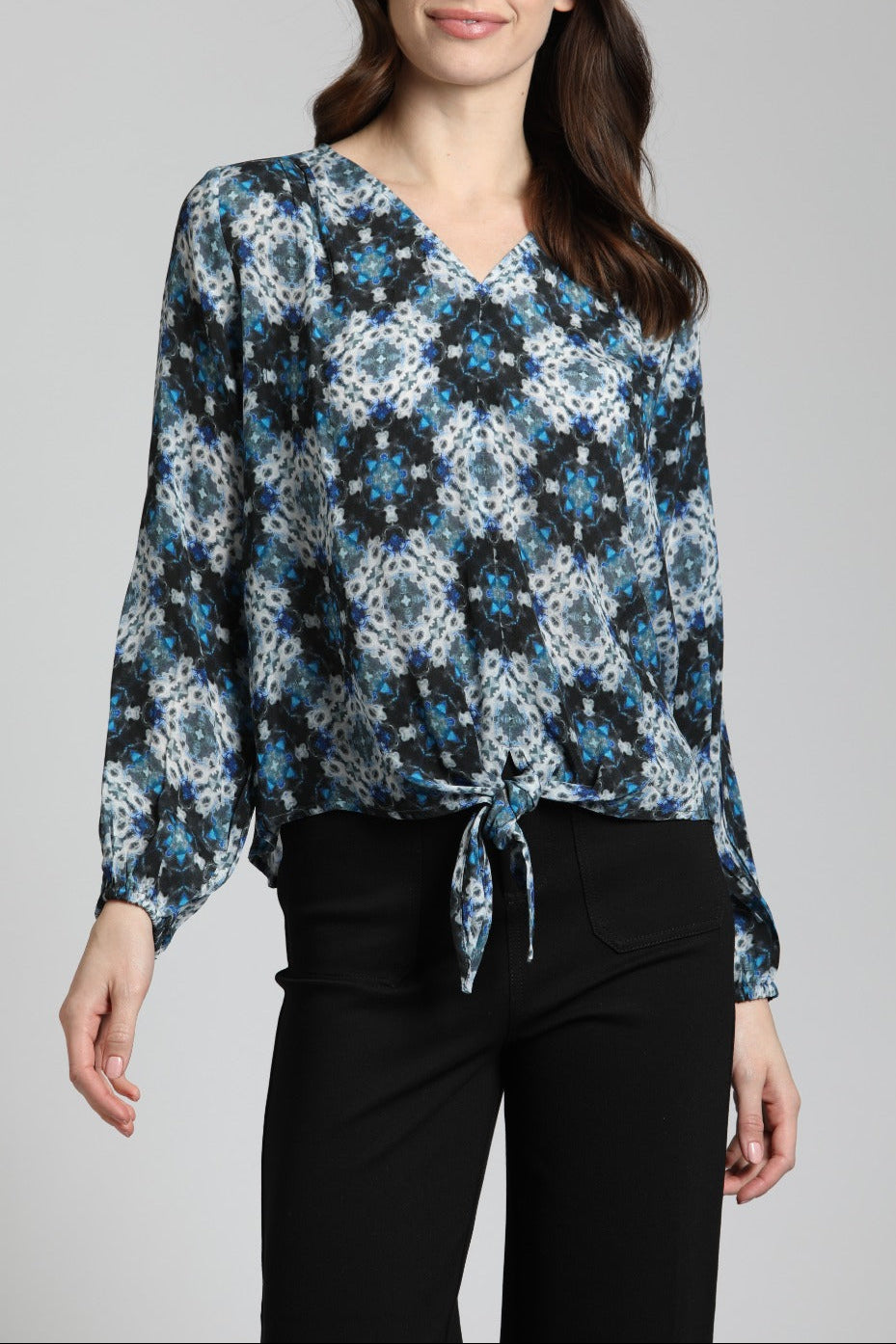 Distorted Blues Medallion Print - V Neck Tie Front Top | Front side