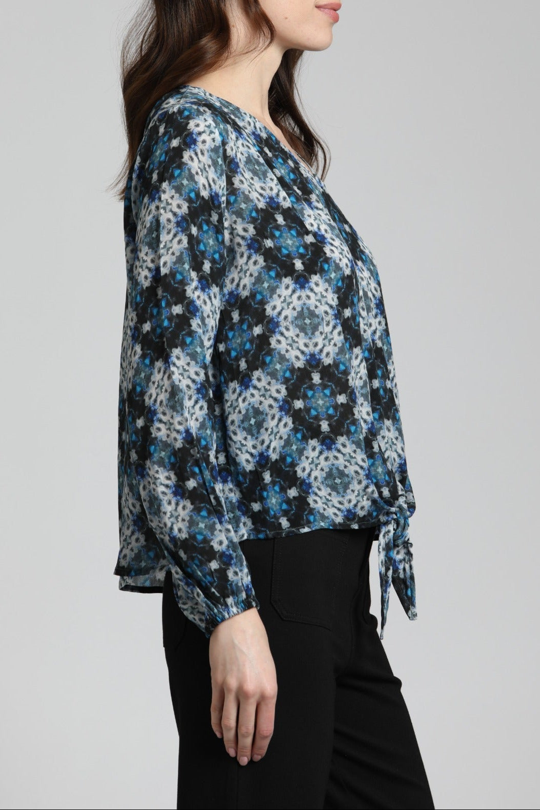 Distorted Blues Medallion Print - V Neck Tie Front Top | Right side