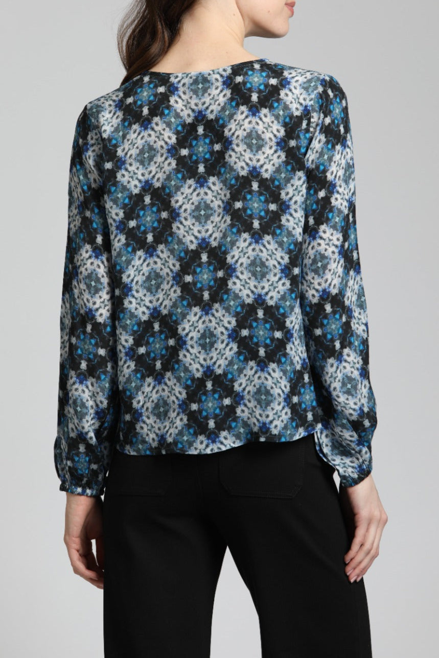 Distorted Blues Medallion Print - V Neck Tie Front Top | back side