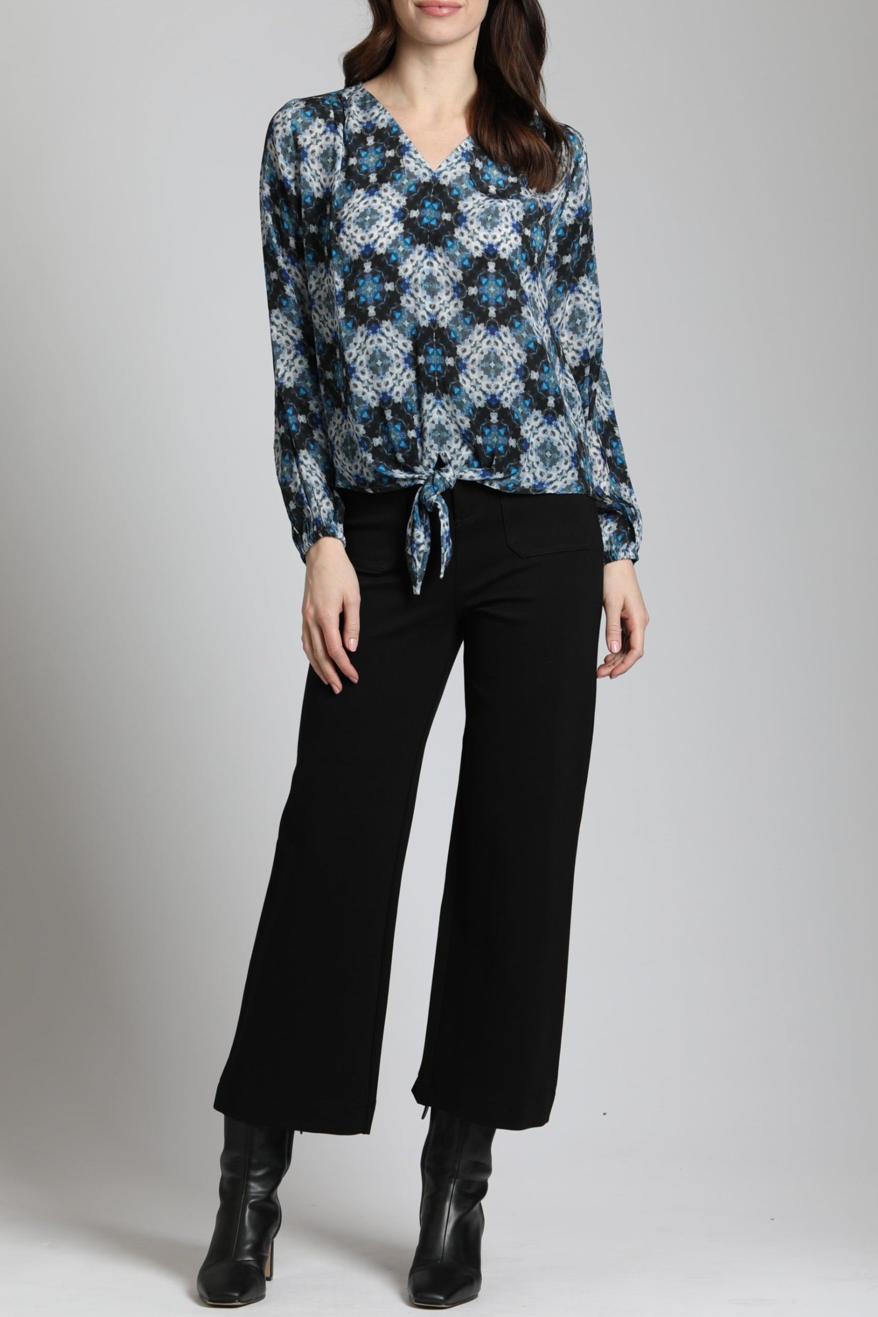 Distorted Blues Medallion Print - V Neck Tie Front Top