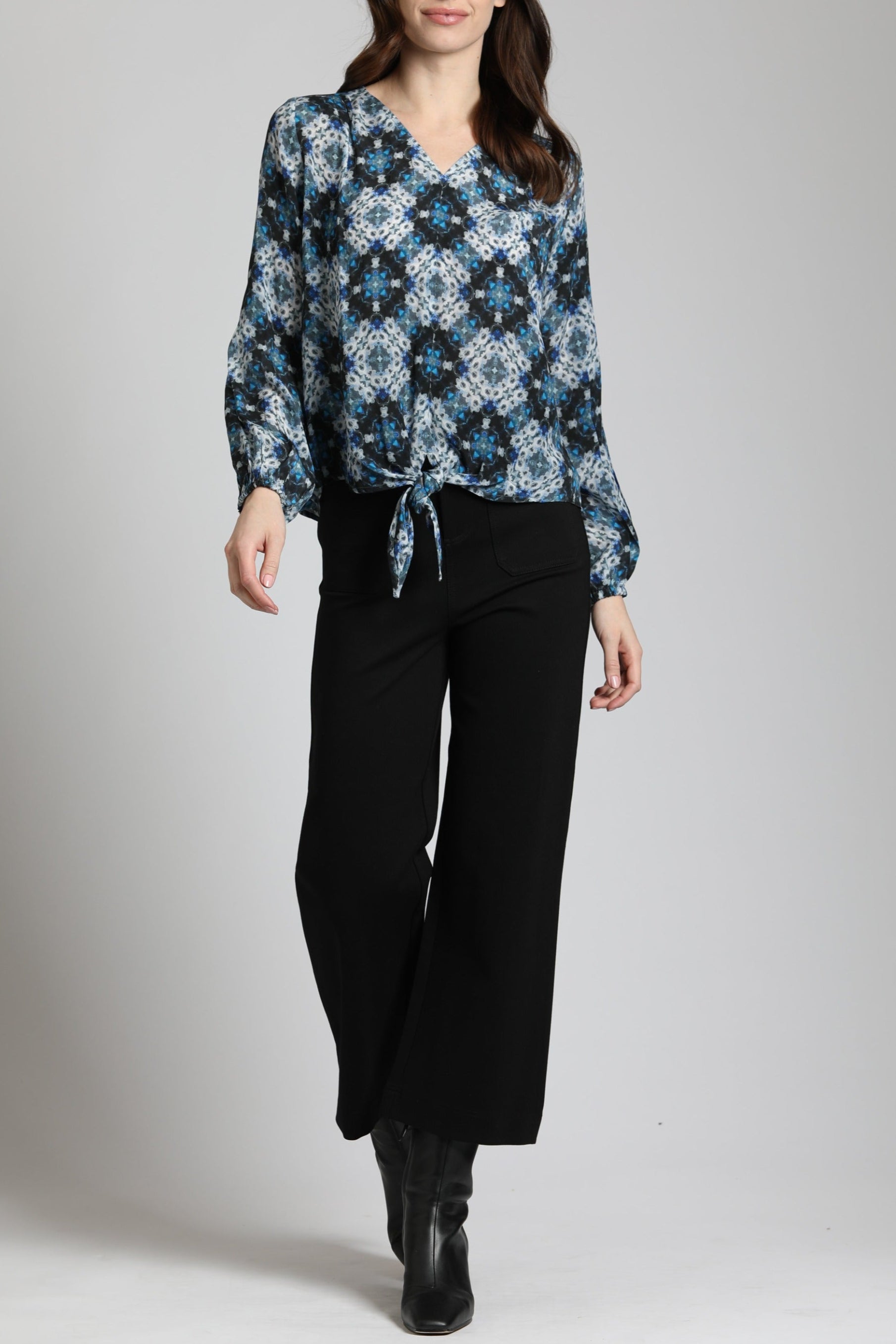 Distorted Blues Medallion Print - V Neck Tie Front Top