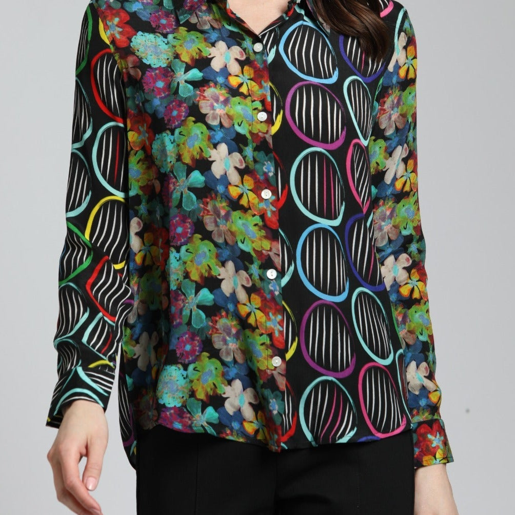 Colorful Patchwork Floral With Circles Print - Button Up Top | front side