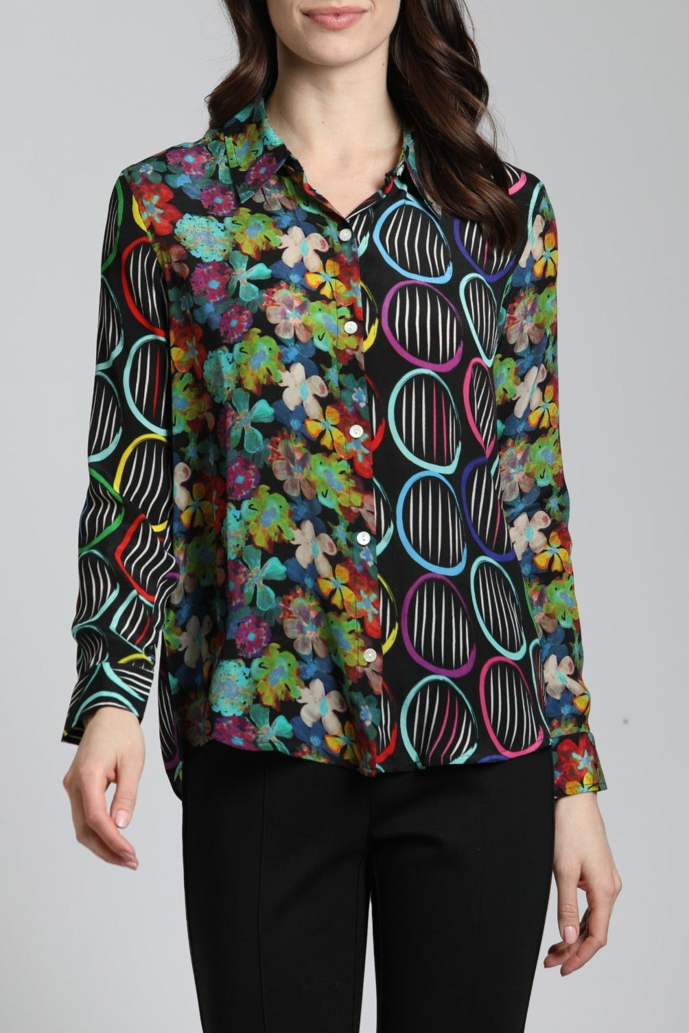 Colorful Patchwork Floral With Circles Print - Button Up Top | front side