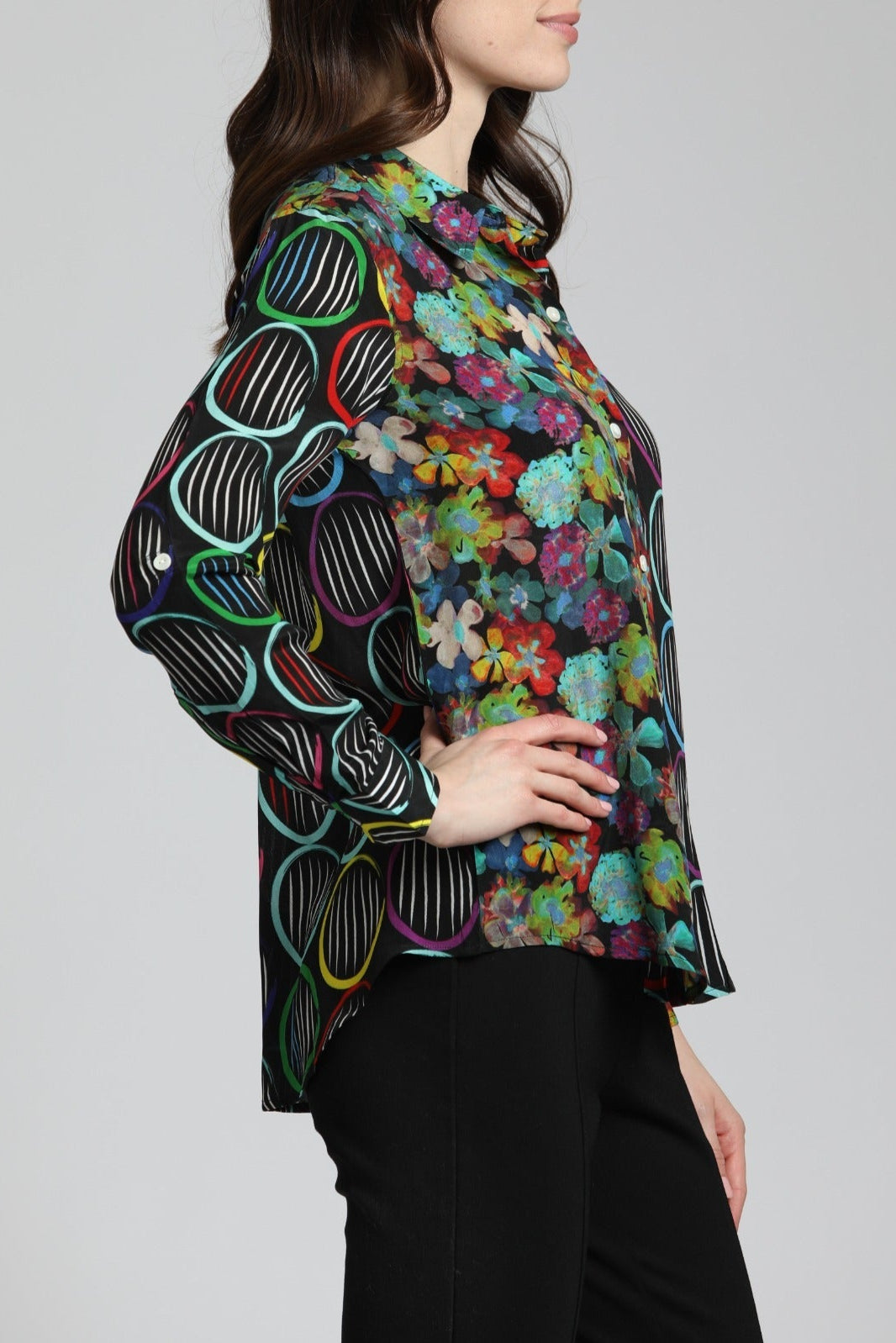 Colorful Patchwork Floral With Circles Print - Button Up Top | right side