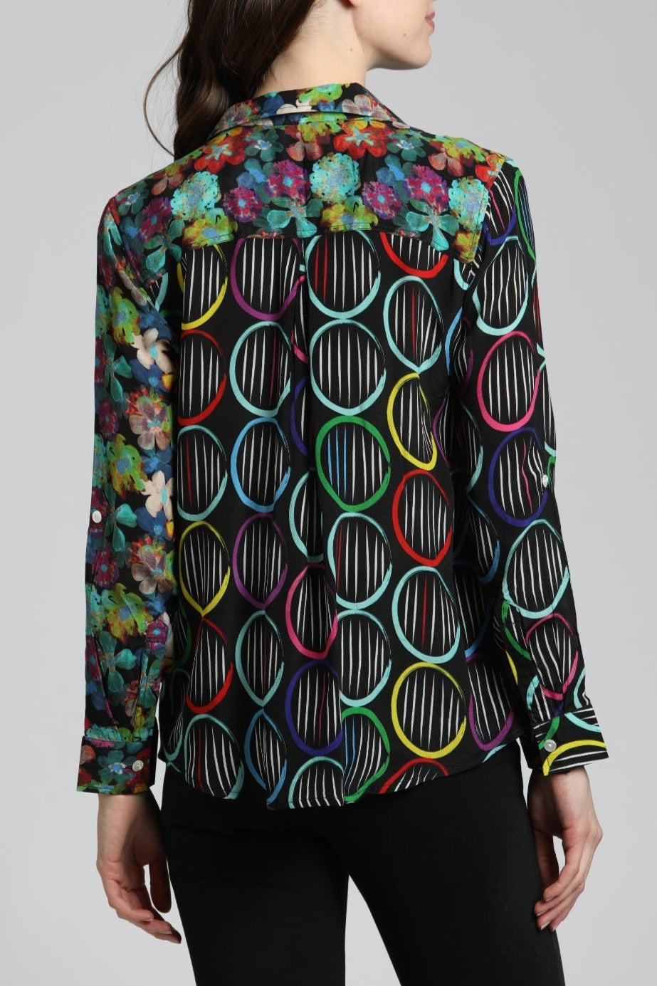 Colorful Patchwork Floral With Circles Print - Button Up Top | back side