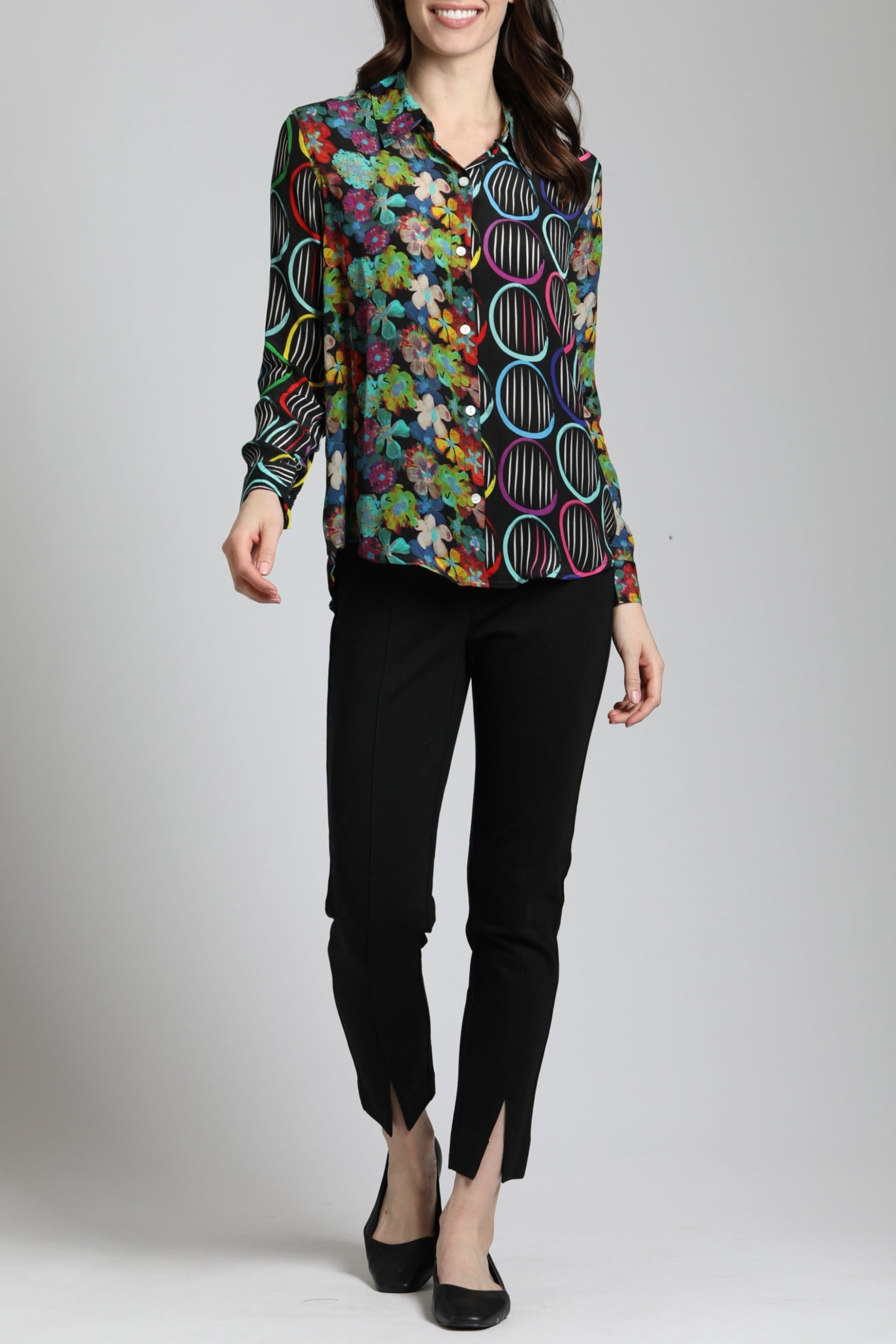 Colorful Patchwork Floral With Circles Print - Button Up Top | front side