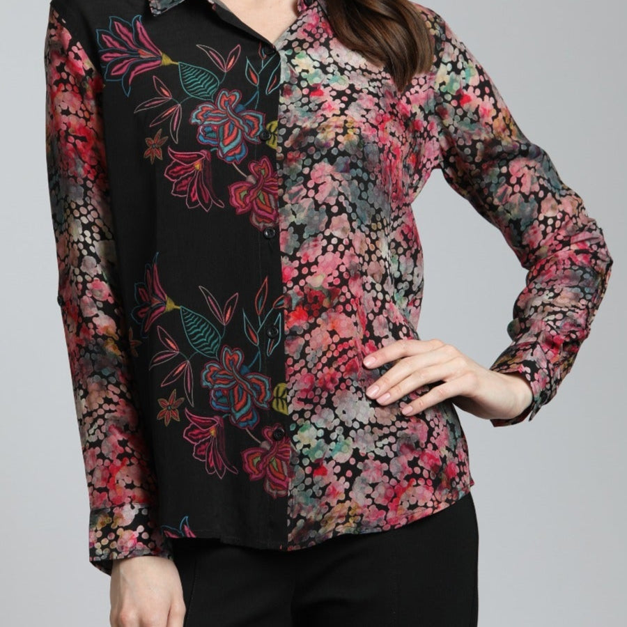 Colorful Doted Floral Print Mix - Button Up Top With Roll Up Tab Sleeve | Front side