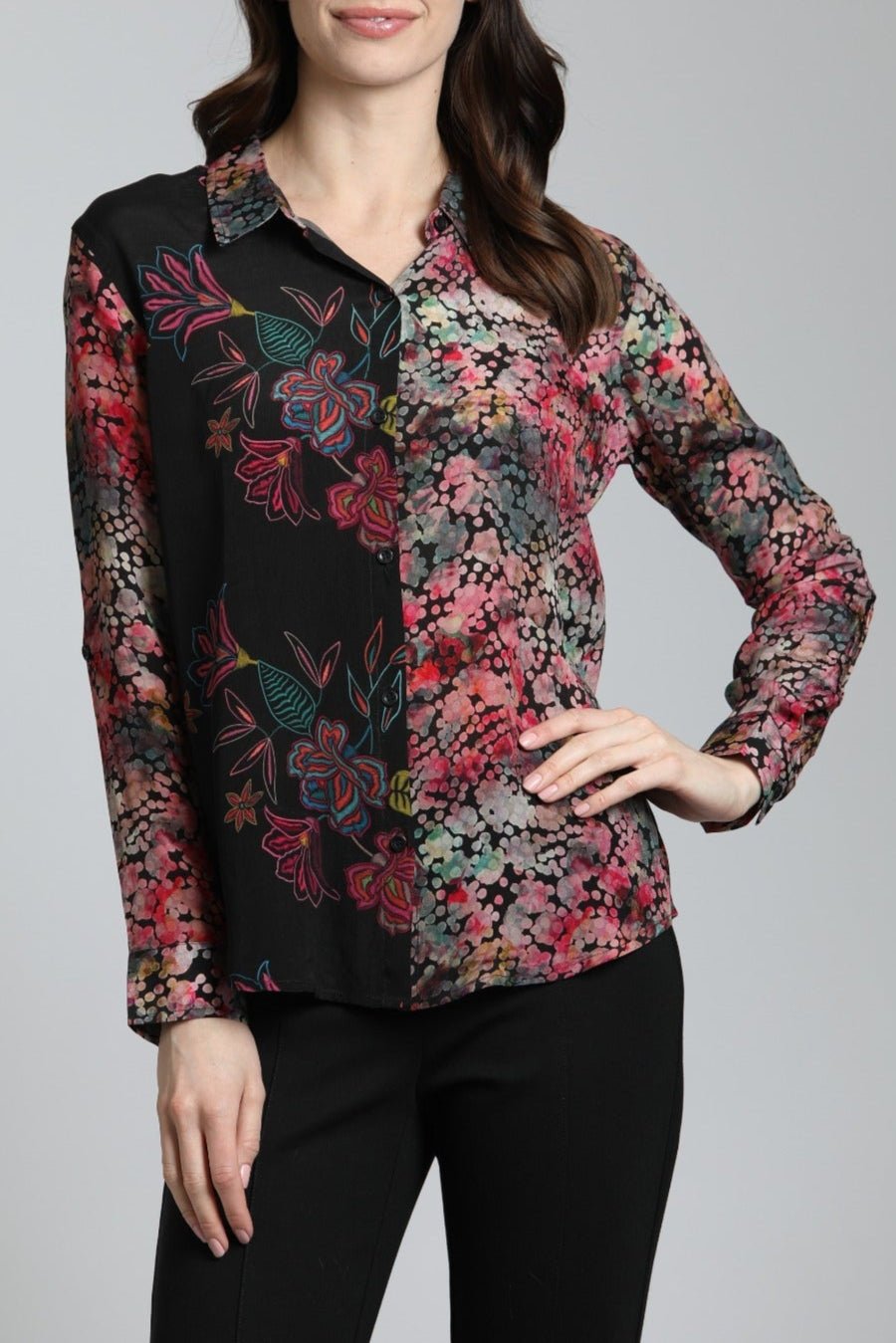 Colorful Doted Floral Print Mix - Button Up Top With Roll Up Tab Sleeve | Front side