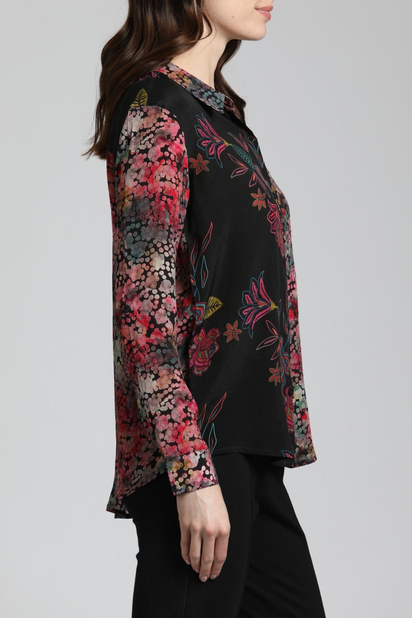 Colorful Doted Floral Print Mix - Button Up Top With Roll Up Tab Sleeve | Right side