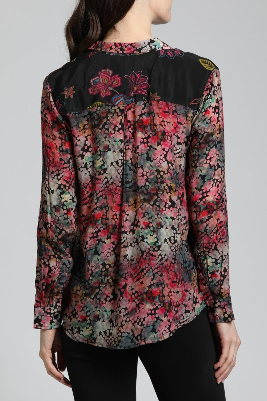 Colorful Doted Floral Print Mix - Button Up Top With Roll Up Tab Sleeve | back side