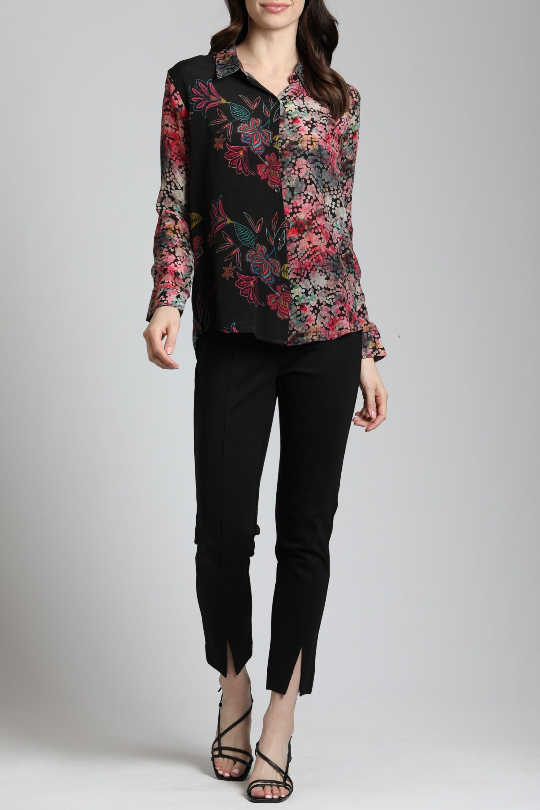 Colorful Doted Floral Print Mix - Button Up Top With Roll Up Tab Sleeve | front side