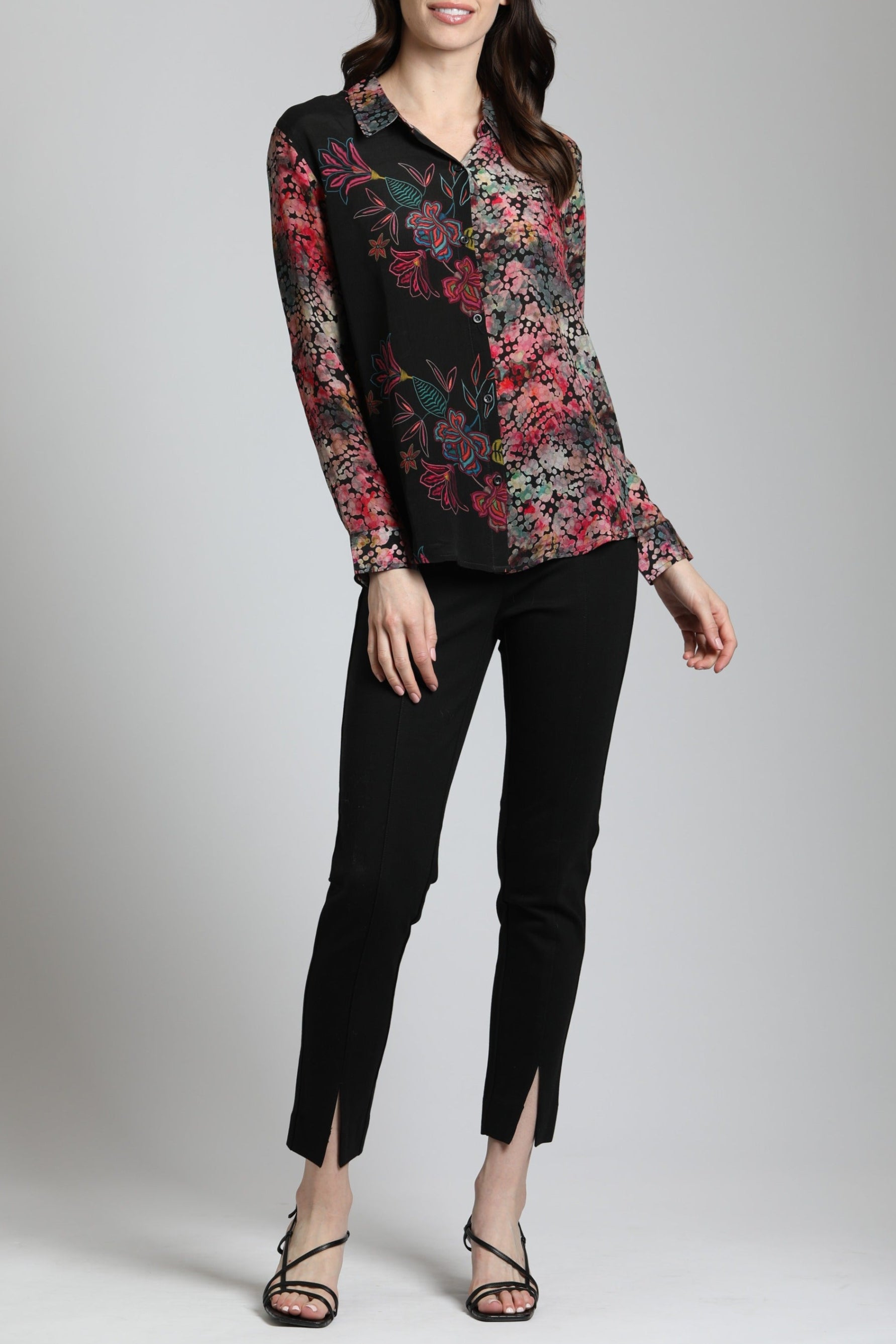 Colorful Doted Floral Print Mix - Button Up Top With Roll Up Tab Sleeve