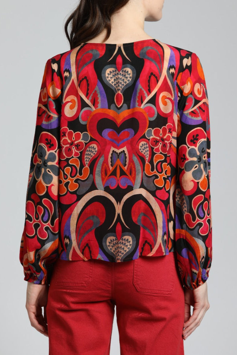 Colorful Ethnic Tribal Print - V Neck Tie Front Top | back side