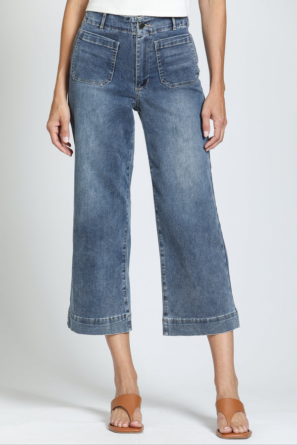 Cropped Wide Leg Pant With Patch Pockets- Indigo