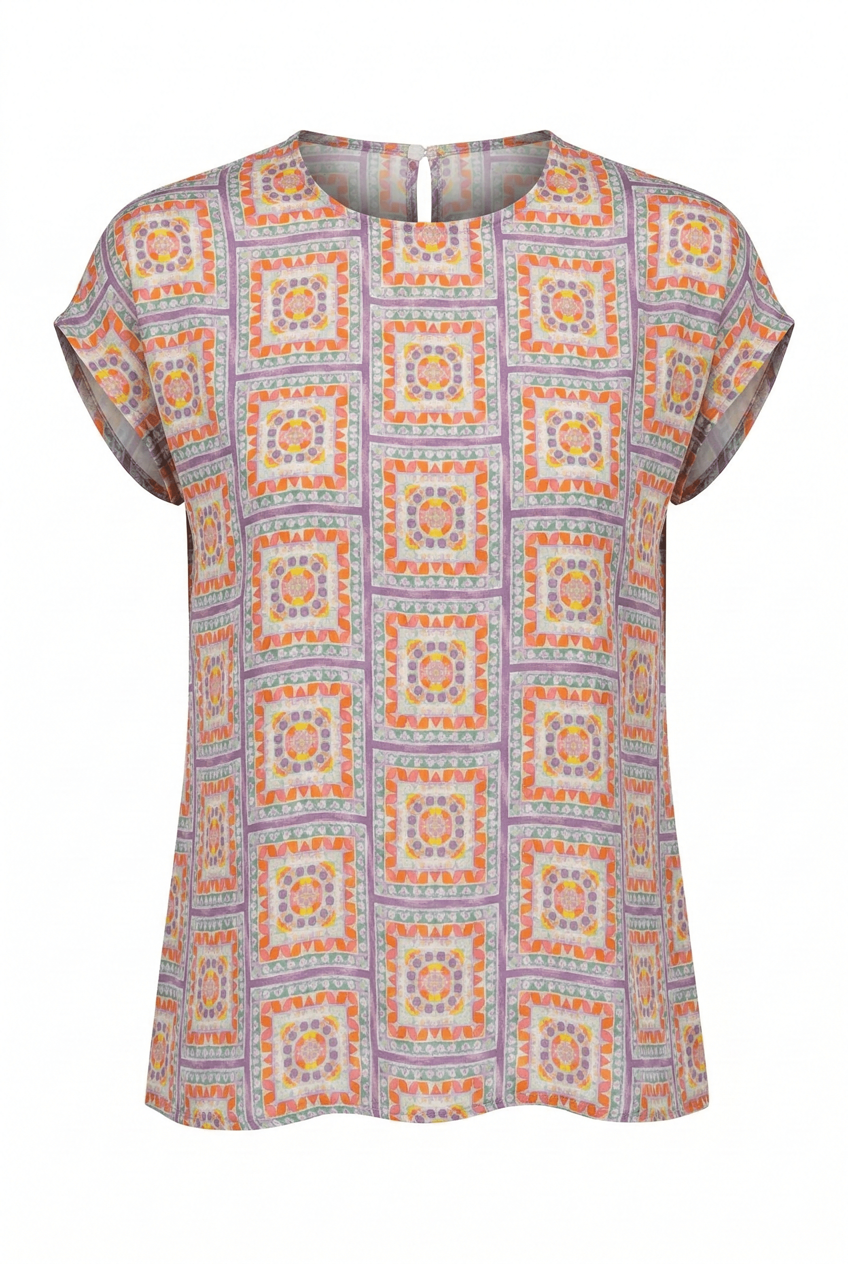 Short-sleeve blouse with a geometric pattern on a white background