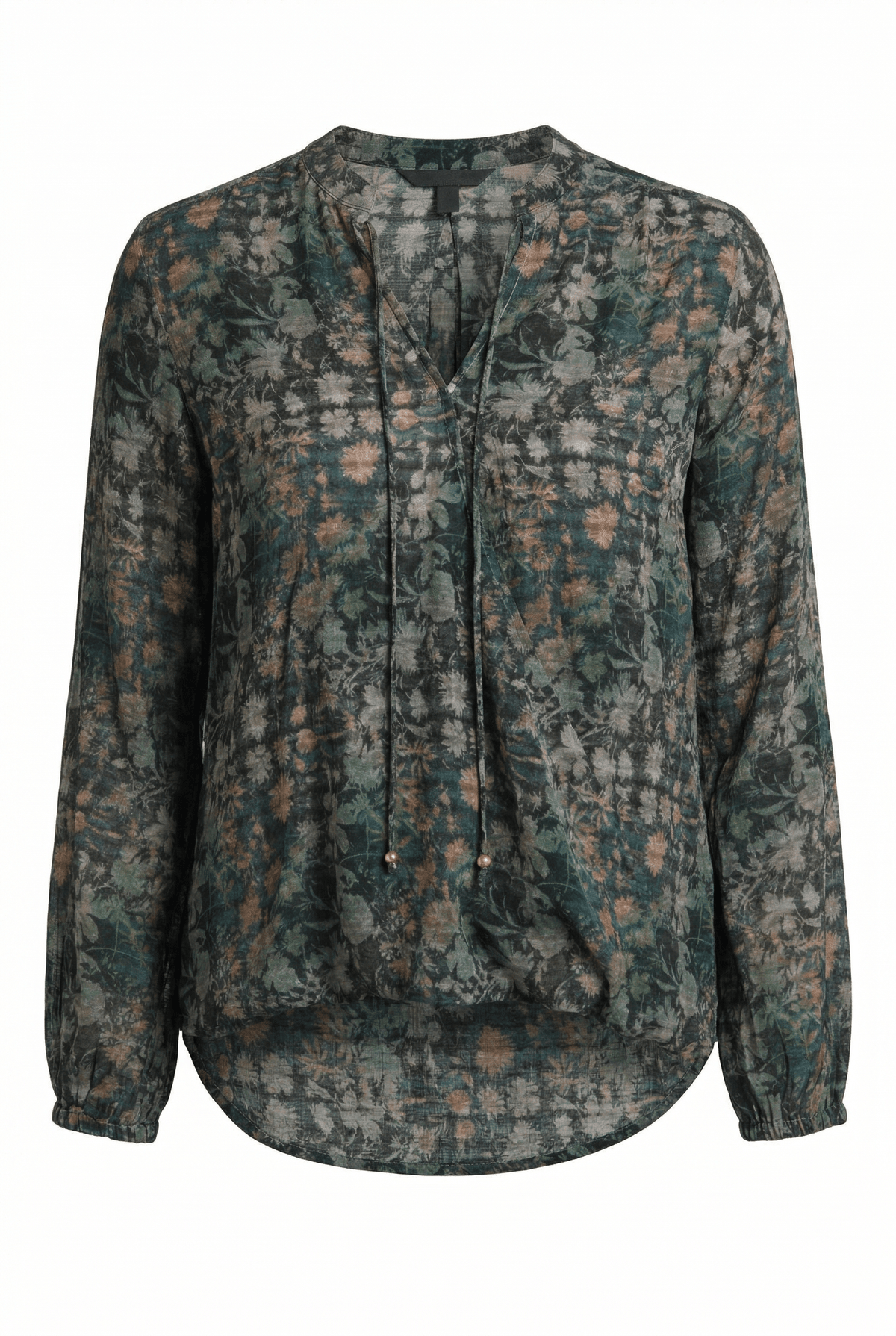 Long-sleeve shirt with a floral pattern on a white background