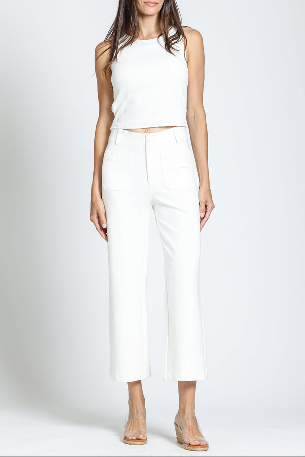 Ponte Cropped Wide Leg Pant With Patch Pocket - White