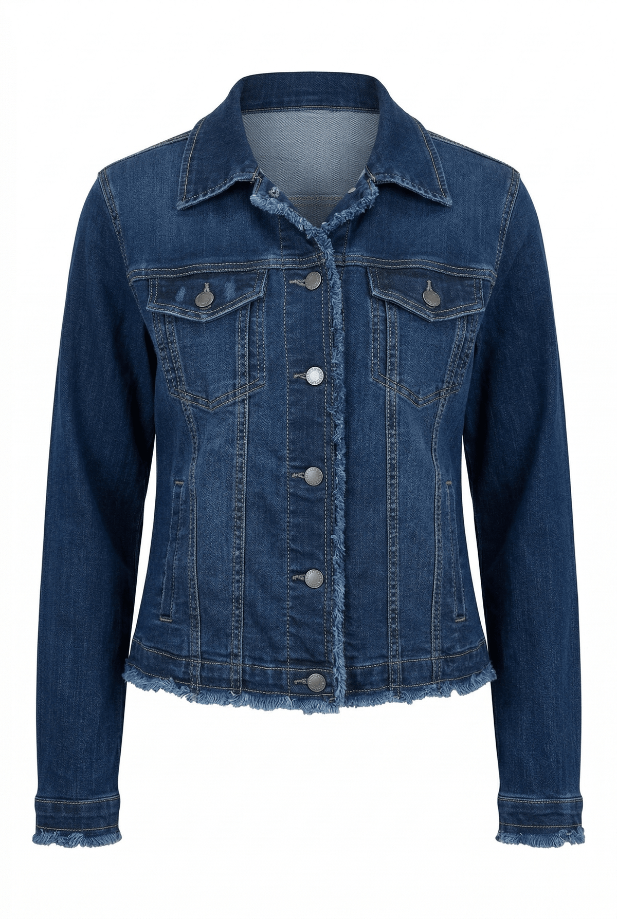 Indigo denim jacket on a white background
