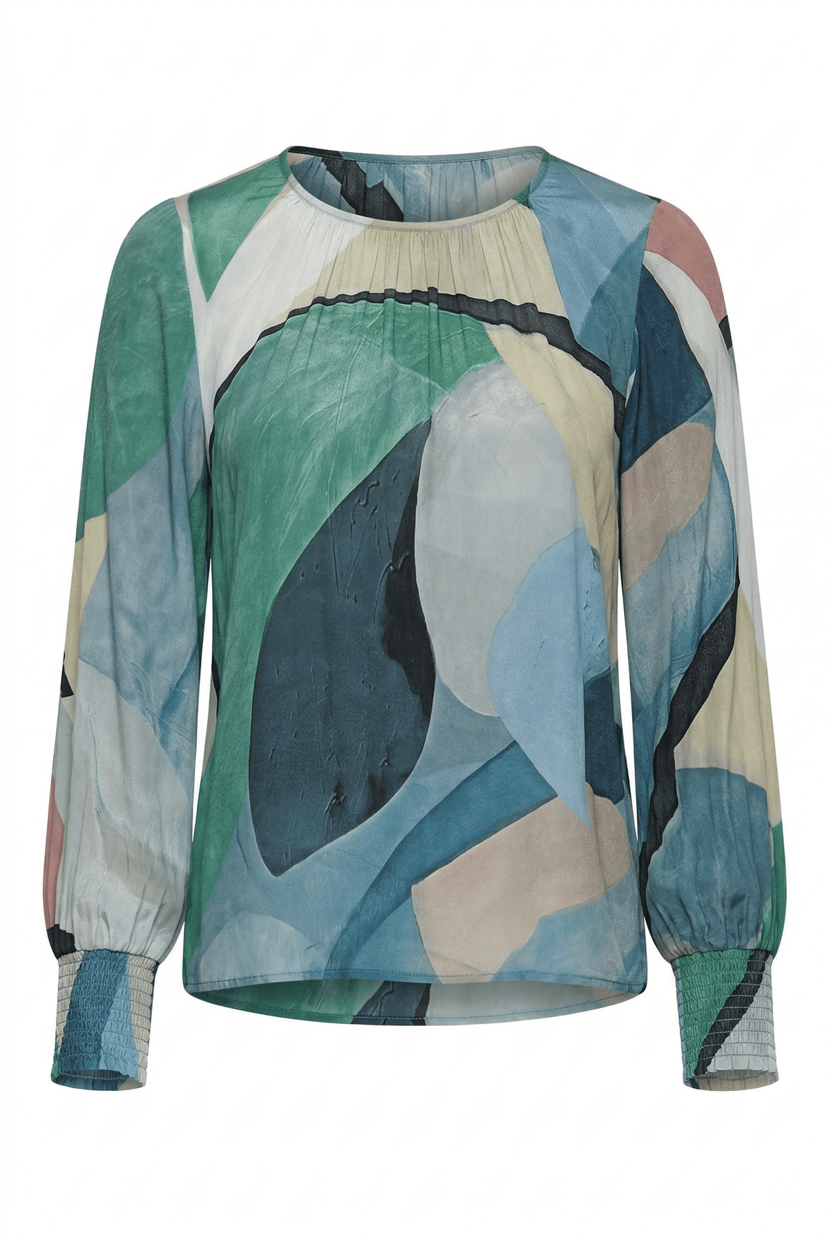 Long-sleeve top with abstract multicolor design on a white background