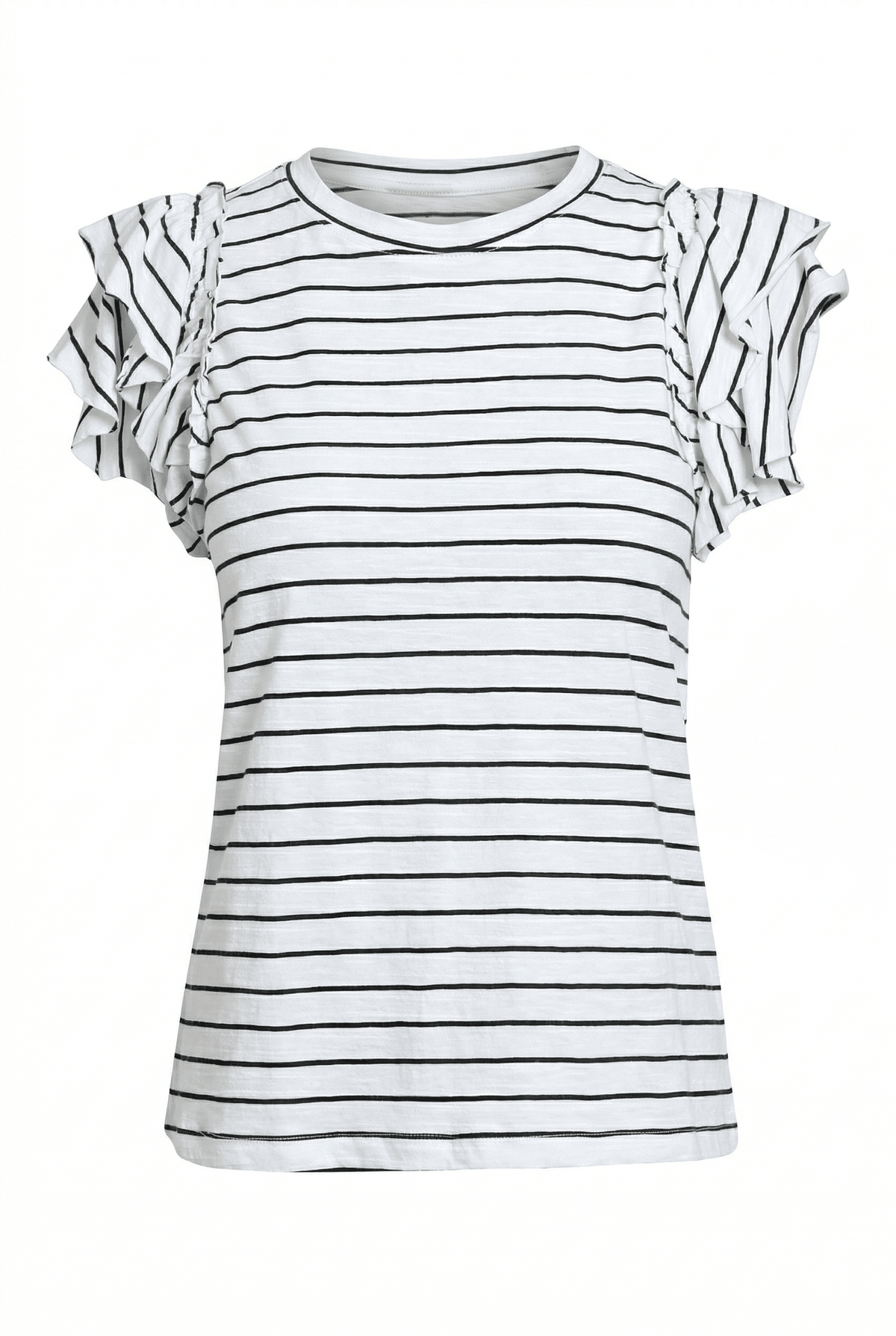 Black and white striped t-shirt with ruffled sleeves on a white background