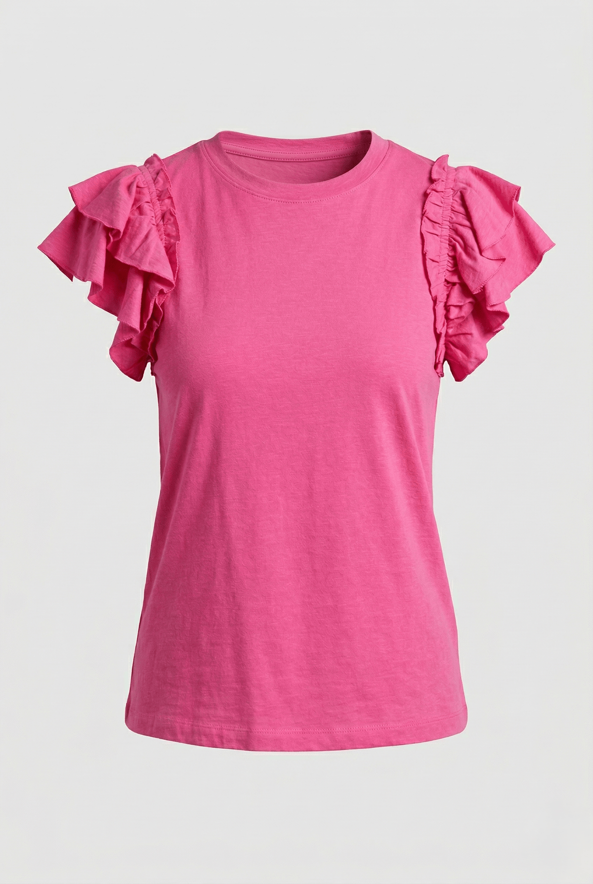 Pink ruffled blouse on a light gray background