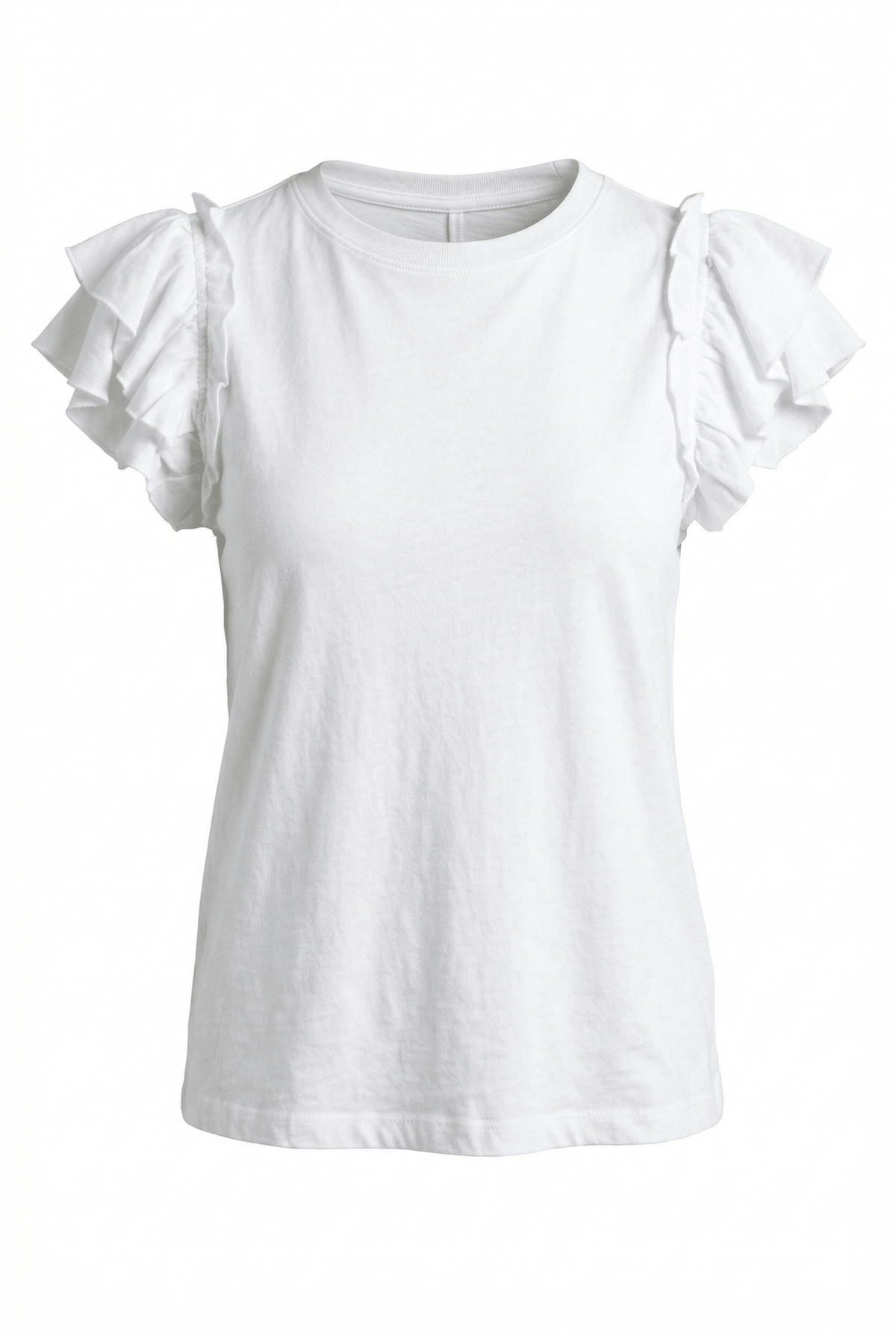 White t-shirt with ruffled sleeves on a white background